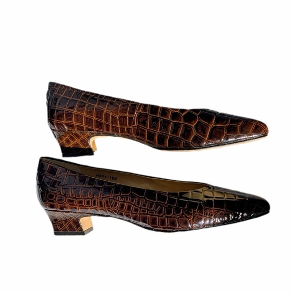 Vintage 80s Brown Polished Croc Embossed 100% Leather Block Heel - Picture 4 of 10